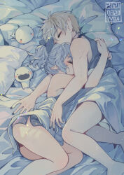 Rule 34 | 1boy, 1girl, 2021, aim0309, artist name, ass, bare shoulders, barefoot, bed sheet, blanket, blonde hair, blue hair, blue pajamas, blush, closed eyes, couple, creature, cuddling, dated, grey hair, hair ribbon, hug, light particles, lying, medium hair, night, on bed, on side, one side up, original, pajamas, pillow, pointy ears, ribbon, short hair, sleeping, sleeveless, under covers