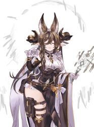 Rule 34 | 1girl, animal ears, asymmetrical hair, breasts, brown hair, detached sleeves, extra ears, frills, galleon (granblue fantasy), gloves, granblue fantasy, horns, large breasts, long hair, multicolored hair, parted lips, pelvic curtain, pointy ears, skindentation, sleeveless, solo, streaked hair, thigh strap, thighs, very long hair, wand, white gloves, yuchinecco