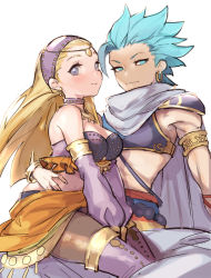 Rule 34 | 1boy, 1girl, alternate costume, blonde hair, blue eyes, blue hair, boots, brown thighhighs, camus (dq11), cape, choker, dragon quest, dragon quest xi, earrings, grey eyes, hairband, jewelry, long hair, midriff, navel, necklace, pantyhose, roro (user dnfm8547), senya (dq11), sitting, sitting on lap, sitting on person, spiked hair, thigh boots, thighhighs