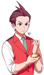 Rule 34 | 1boy, puff of air, ace attorney, antenna hair, apollo justice, aqua necktie, asayosi k, bracelet, brown eyes, brown hair, buttons, closed mouth, collared shirt, forked eyebrows, hand on own wrist, hand up, jewelry, lapel pin, lapels, looking at hand, male focus, necktie, red vest, shirt, short hair, simple background, sleeves rolled up, solo, upper body, v-shaped eyebrows, vest, white background, white shirt
