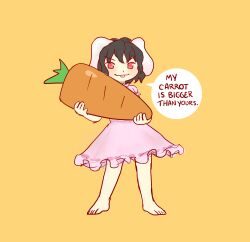 Rule 34 | 1girl, absurdres, animal ears, barefoot, black hair, blush, carrot, closed mouth, dot nose, dress, english text, eyebrows, eyebrows hidden by hair, food, frilled dress, frills, full body, highres, holding, holding carrot, holding food, inaba tewi, legs apart, looking at viewer, orange background, pettankon, pink dress, rabbit ears, rabbit girl, red eyes, simple background, sketch, smile, solo, speech bubble, standing, teeth, text focus, toes, touhou