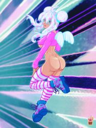 Rule 34 | 1girl, alt text, angel wings, ass, ass focus, boots, commentary, covered erect nipples, cropped sweater, double bun, english commentary, green eyes, hair bun, highres, no panties, noodles fw, self-upload, solo, thighhighs, vocaloid, wings, yameii online