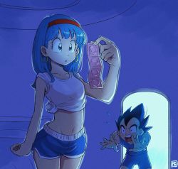Rule 34 | 1boy, 1girl, absurdres, blue eyes, blue hair, bra (dragon ball), condom, condom packet strip, condom wrapper, dragon ball, dragon ball gt, earrings, father and daughter, hairband, highres, jewelry, navel, pink mousse, shirt, shorts, sleeves rolled up, vegeta, white shirt