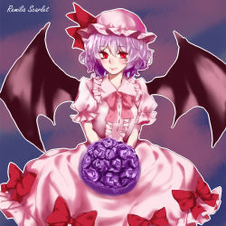 Rule 34 | 1girl, absurdres, bat wings, bouquet, character name, fang, fang out, flower, gradient background, hair ribbon, hat, highres, light purple hair, light smile, looking at viewer, mob cap, puffy short sleeves, puffy sleeves, purple flower, purple rose, red eyes, remilia scarlet, ribbon, rose, short hair, short sleeves, skirt, skirt set, solo, tianye taizi, touhou, wings