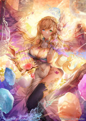 Rule 34 | 1girl, angel wings, apple caramel, birdcage, black legwear, braid, breasts, bridal gauntlets, cage, cleavage, commentary request, copyright request, flower, gold trim, hair flower, hair ornament, halo, harp, heterochromia, highres, instrument, large breasts, looking at viewer, official art, partial commentary, smile, solo, standing, water, watermark, white wings, wings