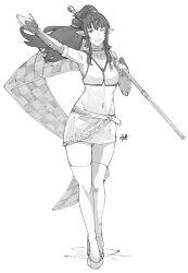 Rule 34 | 1girl, absurdres, alternate costume, bare shoulders, breasts, bridal gauntlets, checkered flag, cleavage, crop top, fire emblem, fire emblem awakening, flag, gloves, greyscale, grin, groin, hair ornament, highres, long hair, looking at viewer, medium breasts, midriff, monochrome, navel, nintendo, pencil skirt, pointy ears, ponytail, race queen, sakuremi, signature, simple background, skirt, smile, solo, thighhighs, tiara, tiki (adult) (fire emblem), tiki (fire emblem), white background