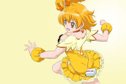 Rule 34 | 1girl, blonde hair, bow, breasts, brown eyes, choker, cleavage, cure pine, downblouse, earrings, fresh precure!, fuchi (nightmare), gradient background, hair bow, hair ornament, heart, heart earrings, heart hair ornament, high-waist skirt, jewelry, layered skirt, medium breasts, medium hair, miniskirt, open mouth, orange bow, orange choker, pleated skirt, precure, shirt, short sleeves, side ponytail, skirt, solo, standing, standing on one leg, v-shaped eyebrows, white background, wrist cuffs, yellow background, yellow shirt, yellow skirt