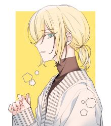 Rule 34 | 1boy, blonde hair, blue eyes, border, brown shirt, eichi turnr, ensemble stars!, facing to the side, highres, looking at viewer, low ponytail, male focus, medium hair, parted lips, shirt, solo, sweater, teeth, tenshouin eichi, turtleneck, white border, white sweater, yellow background