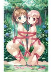 Rule 34 | 2girls, absurdres, bare legs, barefoot, blue flower, blush, braid, breast press, breasts, brown hair, bush, closed mouth, collarbone, convenient censoring, day, flower, forest, from side, green eyes, hair flower, hair ornament, hair ribbon, highres, holding hands, interlocked fingers, kantoku, kneeling, leaf, leaning forward, light rays, looking at viewer, medium hair, minagawa yuuhi, multiple girls, naked ribbon, nature, non-web source, official art, on ground, outdoors, pink eyes, pink hair, pink ribbon, ponytail, ribbon, short hair, side braid, small breasts, smile, sunbeam, sunlight, swept bangs, symmetrical docking, symmetrical pose, take your pick, tree, your diary, yua (your diary)