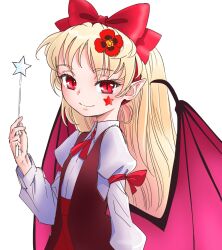 Rule 34 | 1girl, bat wings, bow, elis (touhou), facial mark, flat chest, flower, hair bow, hairband, hand up, holding, holding wand, juliet sleeves, long hair, long sleeves, looking at viewer, petite, pointy ears, poppy (flower), puffy sleeves, red eyes, s-a-murai, simple background, slit pupils, smile, solo, star (symbol), touhou, touhou (pc-98), upper body, vest, wand, white background, wing collar, wings