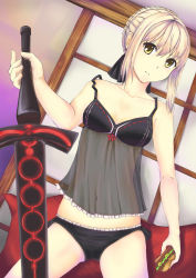 Rule 34 | 1girl, artoria pendragon (fate), blonde hair, breasts, burger, excalibur morgan (fate), fate/stay night, fate (series), food, frown, highres, navel, panties, saber (fate), saber alter, small breasts, solo, thighs, type-moon, underwear, yellow eyes, yonakamousou