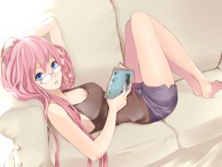 Rule 34 | 1girl, bad id, bad pixiv id, bare shoulders, barefoot, bespectacled, blue eyes, book, casual, couch, glasses, highres, legs, long hair, lying, megurine luka, no bra, on back, open book, pink hair, reading, roku (hikokeng), shorts, sleeveless, solo, tank top, vocaloid