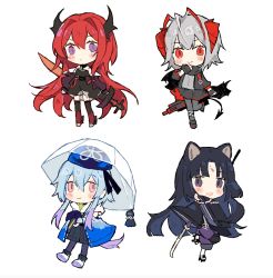 Rule 34 | 1boy, 3girls, :d, animal ears, arknights, black dress, black hair, black jacket, black legwear, black shirt, black shorts, black skirt, blue hair, blue headwear, blush, boots, chibi, commentary, demon tail, dress, english commentary, full body, grey hair, gun, high tops, highres, horns, jacket, japanese clothes, long hair, long sleeves, melanbread, mizuki (arknights), multiple girls, open mouth, pants, pantyhose, pantyhose under shorts, pink eyes, pleated skirt, purple eyes, purple pants, red eyes, red hair, saga (arknights), shirt, shoes, shorts, simple background, skirt, smile, sneakers, surtr (arknights), sword, tail, teruterubouzu, umbrella, w (arknights), weapon, white background, wide sleeves