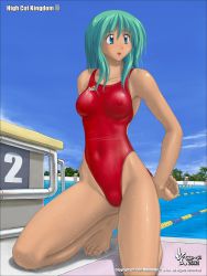 Rule 34 | 1girl, 2002, asics, cameltoe, cleft of venus, competition swimsuit, covered erect nipples, covered navel, feet, green eyes, green hair, high cut kingdom, highleg, highleg swimsuit, looking to the side, nipples, nyanko batake, one-piece swimsuit, pool, red one-piece swimsuit, swimsuit, tan, wet