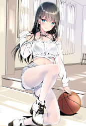 Rule 34 | 1girl, ball, bare shoulders, basketball, basketball (object), black bra, blue eyes, boots, bra, bra visible through clothes, breasts, brown hair, commentary request, crop top, curtains, dappled sunlight, denim, denim shorts, halterneck, hand in own hair, high heel boots, high heels, highres, kneeling, kobayashi chisato, long sleeves, looking at viewer, medium breasts, midriff, navel, on one knee, original, pantyhose, shadow, shoes, shorts, solo, sunlight, underwear, white footwear, white pantyhose, window