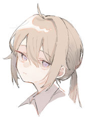 Rule 34 | 1girl, aaoshigatoutoi, absurdres, ahoge, closed mouth, commentary request, cropped torso, expressionless, girls&#039; frontline, hair between eyes, highres, light brown hair, long hair, m200 (girls&#039; frontline), ponytail, portrait, purple eyes, simple background, solo, white background