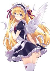 Rule 34 | 10s, 1girl, ange vierge, ass grab, blonde hair, blue eyes, blush, cowboy shot, feathered wings, feathers, from side, grabbing own ass, highres, long hair, maid headdress, official art, remy (ange vierge), short sleeves, simple background, solo, thighhighs, two side up, white background, white thighhighs, white wings, wings, wrist cuffs