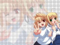 Rule 34 | 00s, 2girls, ahoge, arcueid brunestud, artoria pendragon (all), artoria pendragon (fate), blonde hair, crossover, fate/stay night, fate (series), green eyes, long skirt, multiple girls, one eye closed, red eyes, saber (fate), skirt, sweater, tsukihime, v, wink, zoom layer