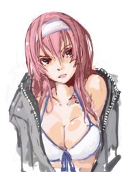 Rule 34 | 1girl, bikini, bikini top only, breasts, cleavage, front-tie bikini top, front-tie top, green eyes, hairband, hood, hoodie, large breasts, long hair, megurine luka, open clothes, open hoodie, panties (pantsu-pirate), parted lips, pink hair, shiny skin, solo, swimsuit, vocaloid, white background