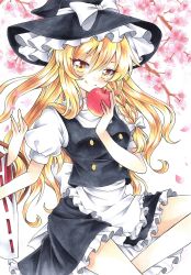 Rule 34 | 1girl, absurdres, apple, apron, back bow, black headwear, black skirt, blonde hair, bow, braid, closed mouth, floating hair, flower, food, frilled apron, frilled skirt, frills, fruit, hair between eyes, hakurei reimu, hat, hat bow, highres, holding, holding food, holding fruit, kirisame marisa, long hair, long sleeves, looking at viewer, marker (medium), miniskirt, petals, pink flower, red apple, red ribbon, red sleeves, ribbon, shirt, short sleeves, single braid, sitting, skirt, smile, touhou, traditional media, very long hair, waist apron, white apron, white bow, white shirt, wide sleeves, witch hat, yellow eyes, yuiki (cube)