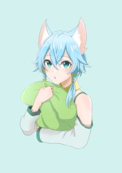 Rule 34 | 1girl, animal ears, bare shoulders, blue eyes, blue hair, cat ears, commentary request, green background, hair between eyes, hair ribbon, highres, long sleeves, looking at viewer, hugging object, pillow, pillow hug, ribbon, short hair, short hair with long locks, sidelocks, simple background, sinon, sinon (sao-alo), solo, sword art online, yuki (angieee)