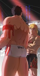 Rule 34 | 2boys, ass, back, bad id, bad twitter id, bara, bare back, black hair, blonde hair, briefs, couple, crossed arms, feet out of frame, forked eyebrows, from behind, headband, highres, ken masters, male focus, male underwear, multiple boys, muscular, muscular male, pectorals, raised eyebrow, ryu (street fighter), short hair, spotlight, street fighter, street fighter ii (series), teasing, thick thighs, thighs, underwear, wrestling outfit, yaoi, yuiofire