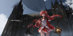 Rule 34 | 00s, 2girls, aircraft, animal, bad id, bad pixiv id, bird, blurry, bow, building, capelet, cloud, depth of field, dungeon and fighter, elementalist (dungeon and fighter), english text, floating hair, frills, from below, hair ornament, hairband, holding, holding staff, long hair, low twintails, mage (dungeon and fighter), multiple girls, outdoors, pleated skirt, pointy ears, red bow, red eyes, red hair, red ribbon, ribbon, skirt, sky, solo focus, staff, swd3e2, text focus, twintails, wide sleeves, wind