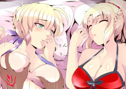 Rule 34 | 2girls, ahoge, artoria pendragon (all), artoria pendragon (fate), artoria pendragon (swimsuit archer) (fate), artoria pendragon (swimsuit archer) (first ascension) (fate), bikini, blonde hair, blush, breasts, cleavage, closed eyes, command spell, dark-skinned male, dark skin, fate/apocrypha, fate/grand order, fate (series), grabbing, grabbing another&#039;s breast, green eyes, groping, implied sex, indoors, large breasts, lying, medium breasts, meow7tail, mordred (fate), mordred (fate) (all), mordred (fate/apocrypha), mordred (swimsuit rider) (fate), mordred (swimsuit rider) (first ascension) (fate), mother and daughter, multiple girls, on bed, pillow, red bikini, saber (fate), sleeping, swimsuit