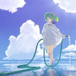 Rule 34 | 1girl, bad id, bad pixiv id, barefoot, cloud, cojibou, day, dress, green hair, hair bobbles, hair ornament, hose, original, red eyes, side ponytail, smile, solo, water