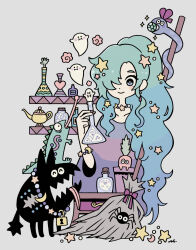 Rule 34 | 1girl, aqua hair, broom, crescent, crescent hat ornament, erlenmeyer flask, flask, garouma, ghost, gradient hair, grey background, hair over one eye, hat ornament, heart, highres, jewelry, keyhole, lamp, lock, multicolored hair, necklace, original, simple background, smile, snake, solo, star (symbol)