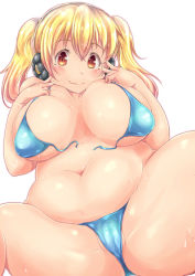 Rule 34 | 1girl, bikini, blonde hair, blush, breasts, cleavage, headphones, heo (tkgm), huge breasts, looking at viewer, navel, nitroplus, orange eyes, plump, short hair, smile, solo, super pochaco, swimsuit, thick thighs, thighs, twintails