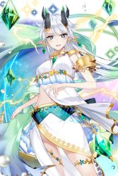 Rule 34 | 1girl, aiolos (soccer spirits), aqua eyes, dragon horns, dragon tail, dress, earrings, electricity, gem, green eyes, horns, jewelry, long hair, looking at viewer, navel, official art, pointy ears, skirt, soccer spirits, solo, standing, tail, transparent background, tuuuh, very long hair, white dress, white hair, white skirt