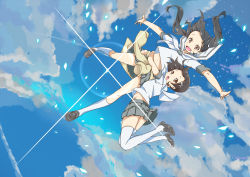 Rule 34 | 2girls, ankle socks, black hair, brown eyes, clothes around waist, cloud, day, falling, hair ornament, hairclip, highres, hug, loafers, looking at viewer, midriff, multiple girls, navel, nob-c, open mouth, original, outstretched arms, school uniform, shoes, sky, socks, sparkle, thighhighs, white legwear