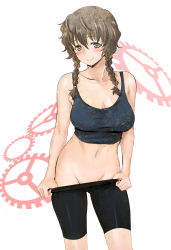 Rule 34 | 1girl, 5pb., amane suzuha, bare shoulders, bike shorts, bike shorts pull, blush, breasts, brown eyes, brown hair, cleavage, clothes pull, crop top, gears, groin, highres, large breasts, looking at viewer, midriff, navel, nitroplus, no panties, science adventure, short hair, shorts, shorts pull, shoumaru (gadget box), smile, solo, steins;gate, stomach