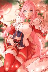Rule 34 | 1girl, alternate costume, artist name, blue eyes, breasts, candy, candy cane, character doll, cleavage, commentary, commission, elysia (honkai impact), food, highres, holding, holding candy, holding candy cane, holding food, holding stuffed toy, honkai (series), honkai impact 3rd, large breasts, long hair, long sleeves, looking at viewer, lying, mobius (honkai impact), mofumanju, on back, pink hair, pleated skirt, pointy ears, raiden mei, raiden mei (herrscher of thunder), red skirt, red thighhighs, shirt, skirt, smile, solo, stuffed toy, thighhighs, very long hair, white shirt