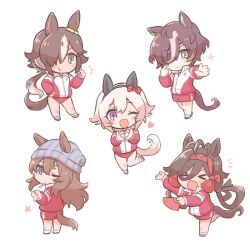 Rule 34 | &gt; &lt;, 5girls, :d, ;d, ^^^, animal ears, beanie, black hairband, blush stickers, brown eyes, brown hair, buruma, chibi, clenched hand, closed eyes, closed mouth, commentary request, curren chan (umamusume), ears through headwear, eyepatch, folding fan, grey hat, gym shorts, hair between eyes, hair over one eye, hairband, hand fan, hand on own hip, hat, heart, heart hands, holding, holding fan, horse ears, horse girl, horse tail, jacket, long hair, long sleeves, minmin (kemomofuri), multiple girls, nakayama festa (umamusume), no reason (umamusume), one eye closed, open mouth, outstretched arm, puffy long sleeves, puffy sleeves, purple eyes, red buruma, red footwear, red jacket, red shorts, shoes, shorts, simple background, smile, socks, standing, standing on one leg, tail, tanino gimlet (umamusume), track jacket, umamusume, v-shaped eyebrows, very long hair, vodka (umamusume), white background, white socks, xd