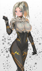Rule 34 | 1girl, blonde hair, blue eyes, bodysuit, breasts, clenched hand, cowboy shot, large breasts, looking at viewer, original, parted bangs, ponytail, ran&#039;ou (tamago no kimi), smile