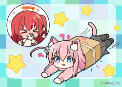 Rule 34 | &gt; &lt;, 2girls, ?, animal ear fluff, animal ears, black thighhighs, blue eyes, blush, bocchi the rock!, box, brown footwear, brown sailor collar, brown shirt, cardboard box, cat ears, cat girl, cat tail, checkered background, closed eyes, commentary request, cube hair ornament, empty eyes, eyes visible through hair, gotoh hitori, grey skirt, hair between eyes, hair ornament, in box, in container, jacket, kemonomimi mode, kita ikuyo, mitya, multiple girls, nose blush, one side up, open mouth, pink hair, pink jacket, pleated skirt, red hair, sailor collar, school uniform, serafuku, shirt, shoes, skirt, speed lines, star (symbol), tail, thighhighs, track jacket, translation request, twitter username