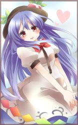 Rule 34 | 1girl, black hat, blue hair, blue sky, blush, bow, breasts, dress, food, fruit, hat, heart, hinanawi tenshi, layered dress, long hair, looking at viewer, open mouth, own hands clasped, own hands together, peach, red bow, red eyes, scarlet weather rhapsody, sky, solo, tamichan, touhou