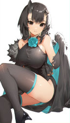 Rule 34 | 1girl, akizone, alchemy stars, aqua rose, bare shoulders, black footwear, black hair, black horns, black thighhighs, breasts, broken horn, brown eyes, flower, highres, horns, large breasts, legs, looking at viewer, parted lips, rose, sariel (alchemy stars), shoes, simple background, sitting, solo, thighhighs, thighs, white background