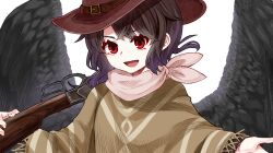 Rule 34 | 1girl, :d, bandana, black hair, black wings, brown poncho, commentary request, cowboy hat, cowboy western, feathered wings, gun, hat, kurokoma saki, lever action, long hair, open mouth, pegasus wings, pink bandana, poncho, red eyes, shotgun, simple background, smile, solo, touhou, upper body, weapon, white background, winchester model 1873, wings, zetsumame