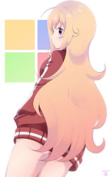 Rule 34 | 1girl, aosora neko, ass, blonde hair, blue eyes, bottomless, female focus, from behind, gabriel dropout, gabriel tenma white, hands in pockets, highres, jacket, long hair, looking back, messy hair, no panties, red jacket, solo, thighs, track jacket, very long hair
