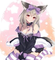 Rule 34 | 1girl, animal ears, black dress, breasts, commission, dodosako, dress, fox ears, fox girl, fox tail, highres, hood, hood down, hooded jacket, indie virtual youtuber, jacket, light brown hair, long sleeves, looking at viewer, medium breasts, medium hair, multicolored clothes, multicolored jacket, off shoulder, open clothes, open jacket, red eyes, second-party source, sitting, skeb commission, sleeveless, sleeveless dress, striped clothes, striped thighhighs, tail, thighhighs, uisato hazuki, virtual youtuber, wariza
