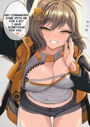 Rule 34 | 1girl, absurdres, anis (nikke), breasts, brown hair, goddess of victory: nikke, grey background, half-closed eyes, highres, jacket, large breasts, redi (rasec asdjh), shorts, solo, thighs, yellow eyes