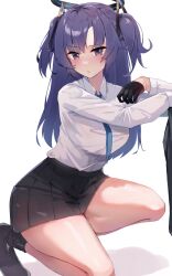 Rule 34 | 1girl, blue archive, blue eyes, highres, long hair, looking at viewer, purple hair, racket ti1, shirt, solo, white shirt, yuuka (blue archive)
