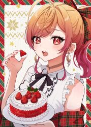 Rule 34 | 1girl, ahoge, black bow, black bowtie, bow, bowtie, cake, center frills, choker, christmas, earrings, food, frills, fruit, glaze artifacts, gradient hair, hair bow, highres, holding, holding food, holding plate, holly, hololive, hololive dev is, ichijou ririka, jewelry, long hair, merry christmas, multicolored hair, open mouth, orange hair, pink hair, plaid, plaid bow, plate, ponytail, red bow, red eyes, shirt, sleeveless, sleeveless shirt, snowflake print, solo, star (symbol), strawberry, strawberry cake, teeth, uni (maru231), upper teeth only, virtual youtuber, white shirt
