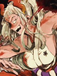 Rule 34 | 1girl, armpits, attack, bad id, bad twitter id, bare arms, bare shoulders, blood, blood on clothes, blood on face, bloody weapon, breasts, crazy smile, curled horns, eyelashes, fangs, from side, green hair, hair ornament, hair stick, high ponytail, highres, horns, japanese clothes, kimono, large breasts, long hair, makenevemoiine, multicolored hair, multicolored horns, one piece, oni, open mouth, orange eyes, orange horns, red horns, rope, shimenawa, shirt, sideboob, sidelocks, sleeveless, sleeveless kimono, smile, solo, teeth, two-tone hair, upper body, very long hair, weapon, white shirt, yamato (one piece)