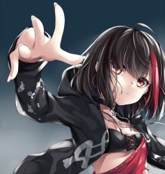 Rule 34 | 1girl, bang dream!, black bra, black choker, black hair, black jacket, bra, breasts, chain, chain necklace, chiyonekoko, choker, clothes writing, commentary request, cross-laced clothes, drawstring, earrings, hood, hood down, hooded jacket, jacket, jewelry, long sleeves, mitake ran, multicolored hair, nail, nail polish, necklace, open clothes, open jacket, outstretched hand, red eyes, red hair, red shirt, shirt, short hair, solo, strapless, strapless bra, streaked hair, underwear, upper body, white nails