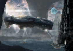 Rule 34 | aircraft, artist request, no humans, original, science fiction, searchlight, ship, statue, water, watercraft
