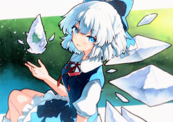 Rule 34 | 1girl, bad id, bad twitter id, blue bow, blue dress, blue eyes, blue hair, blush, bow, cirno, closed mouth, collared shirt, detached wings, dress, fairy, hair bow, highres, ice, ice wings, looking at viewer, puffy short sleeves, puffy sleeves, qqqrinkappp, red ribbon, ribbon, shirt, short hair, short sleeves, smile, solo, tongue, tongue out, touhou, traditional media, white shirt, wings